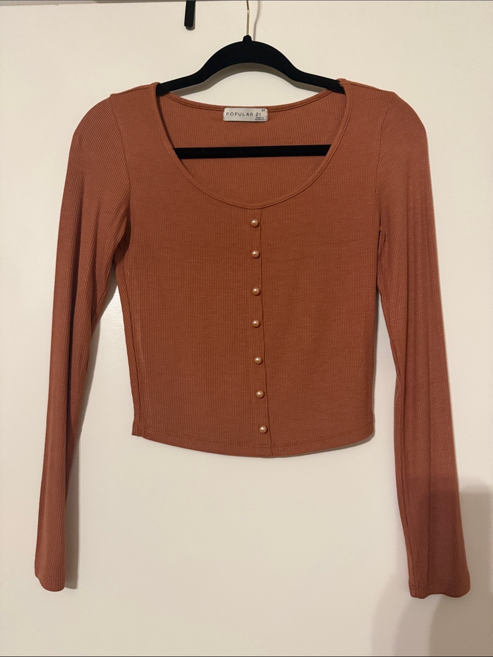 Long-Sleeve Ribbed Scoop Neck Top in Rust
